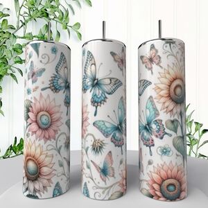 Floral Butterfly Tumbler - White and Blue